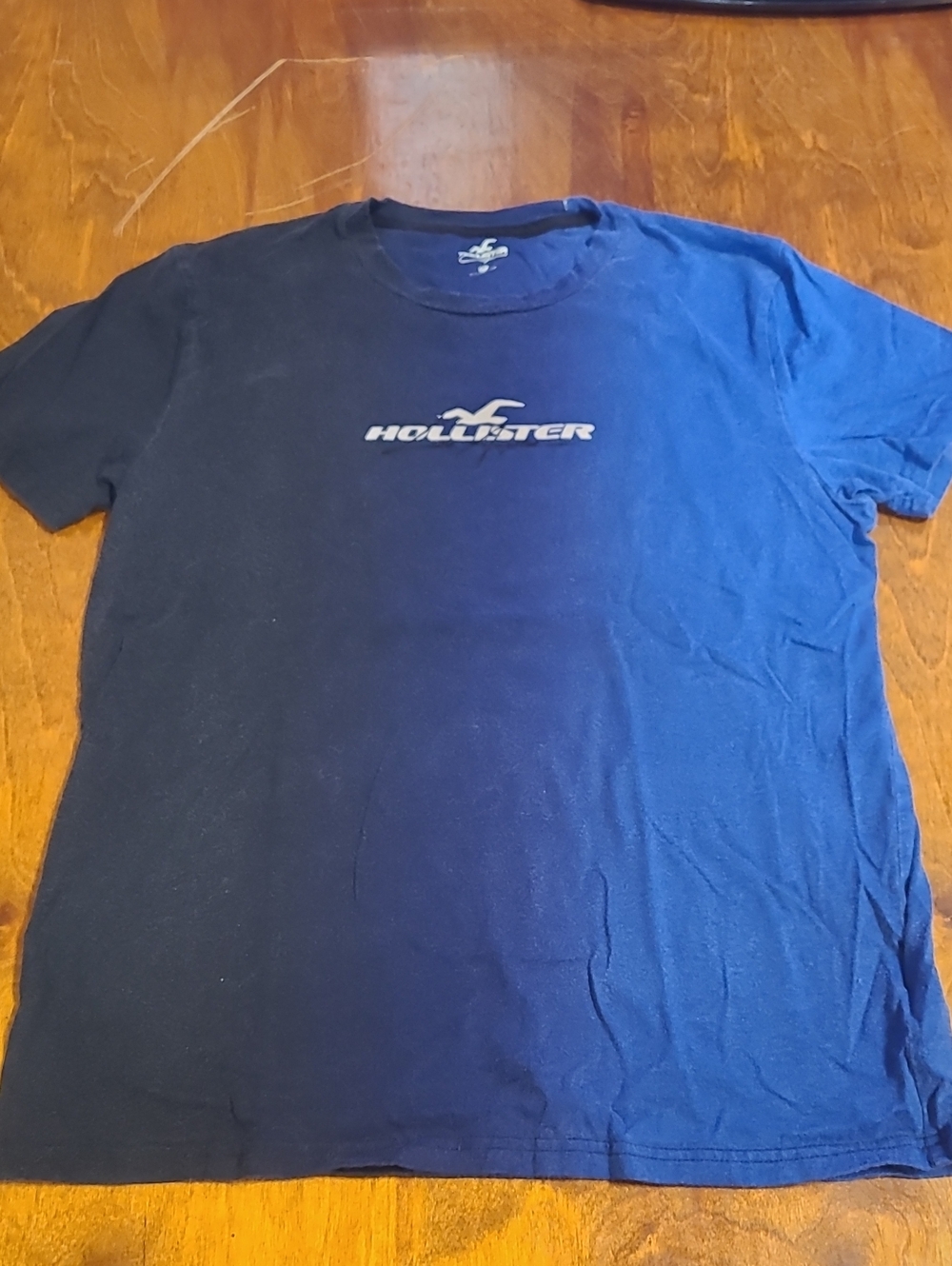 Hollister Men's Blue/Black Granient Crew Neck Tee with Center Logo